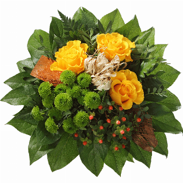 Blumenstrauß ″Dankeschön″ bestehend aus Gebunden wird der Strauß aus 3 gelbe Rosen, grüne Chrysanthemen, Hyperikum, Kokosrinde, Bastschleife, Pistazie und Salal.