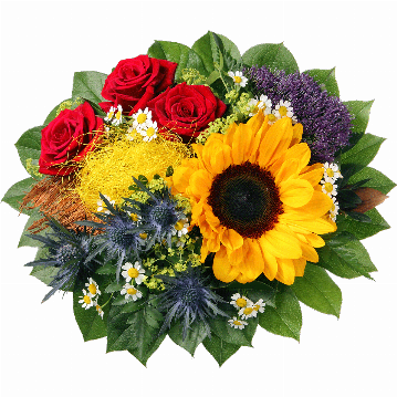 Blumenstrauß 1 Sonnenblume, 3 rote Rosen, blaue Disteln, blaues Trachelium, Kamillenblüten, Kokosrinde, Sisal, verschiedenes Beiwerk.