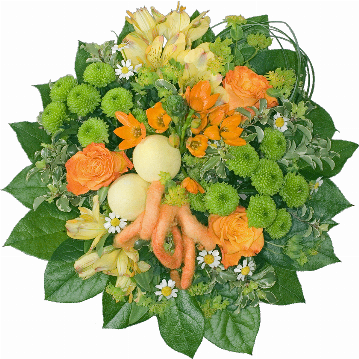 Blumenstrauß 3 orange Rosen, grüne Chrysanthemen, 2 gelbe Alstromerien, oranges Ornithogalum, Deko-Ostereier, verschiedenes Beiwerk.