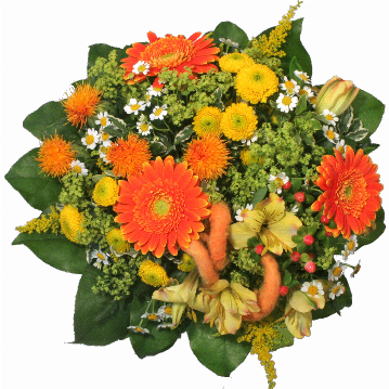 Blumenstrauß 3 orange Gerbera, gelbe Chrysanthemen, gelbe Alstomerien, Kamillenblüten, orange Disteln, verschiedenes Beiwerk.