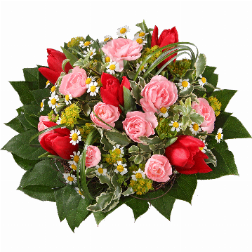 Blumenstrauß 5 rote Tulpen, rosa Spraynelken, Kamillenblüten, verschiedenes Beiwerk.