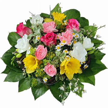 Blumenstrauß 3 Rosen, rosa Spraynelken, 3 Narzissen, 3 weiße Freesien, weißer Ginster, verschiedenes Beiwerk.