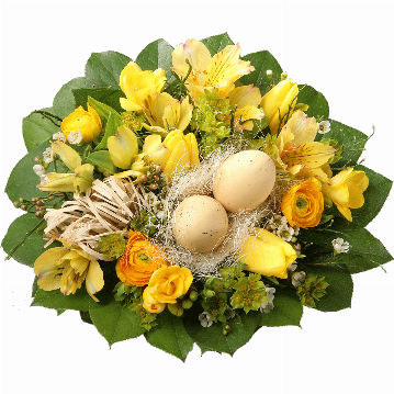 Blumenstrauß 3 gelbe Tulpen, 3 Ranunkel, 3 gelbe Freesien, 2 gelbe Alstromerien, Waxflower, Heidelbeerzweige, Bastschleife, 2 Deko-Ostereier im Sisalnest, verschiedenes Beiwerk.