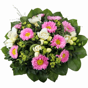 Blumenstrauß 10 rosa Astern, 5 weiße Freesien, Panikumgras, verschiedenes Beiwerk.