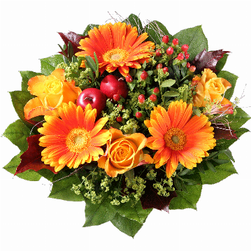 Blumenstrauß 3 orange Minigerbera, 3 orange Rosen, Hyperikum, Eichenlaub, Deko-Äpfel, verschiedenes Beiwerk.