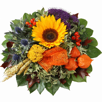 Blumenstrauß 1 Sonnenblume, 3 Pysalis, Hagebutten, Trachelium, blaue Zierdisteln, Eichenlaub, Getreide, getrocknete Schafgarbe, verschiedenes Beiwerk.
