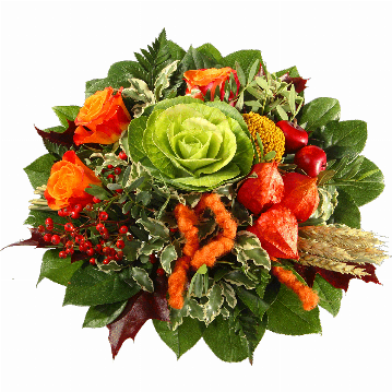 Blumenstrauß Zierkohl, 3 orange Rosen, Physalis-Fruchtstände, Deko-Äpfel, Zier-Hagebutten, Getreide, oranges Filzband, herbstliches Beiwerk.