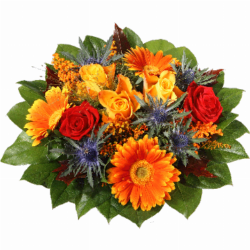 Blumenstrauß 3 orange Minigerbera, 3 orange Rosen, 2 rote Rosen, 2 blaue Zierdisteln, Solidago, Eichenlaub, verschiedenes Beiwerk.