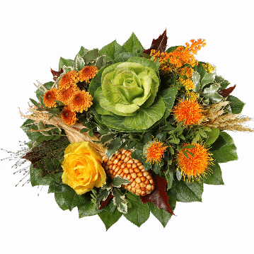 Blumenstrauß Zierkohl, 1 gelbe Rose, goldbraune Chrysanthemen, Ziermais, Solidago, Chartamus, Getreide, verschiedenes Beiwerk.