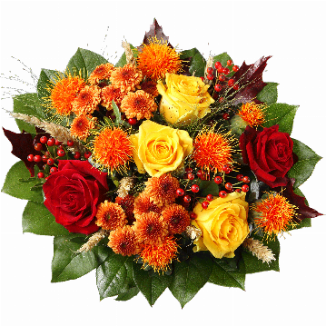 Blumenstrauß 3 gelbe Rosen, 2 rote Rosen, goldbraune Chrysanthemen, Chartamus, Zier-Hagebutten, Getreide, Eichenlaub, verschiedenes Beiwerk.