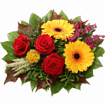 Blumenstrauß 3 rote Rosen, 2 gelbe Gerbera, Erikablüten, Getreide, Schafgarbe, Eichenlaub, verschiedenes Beiwerk.
