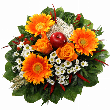 Blumenstrauß ″Ein Herbstgruß in Orange″ bestehend aus 3 orange Minigerbera, 2 orange Rosen, weiße Chrysanthemen, Deko-Apfel, Juteschleife, Hyperikum, Getreide, verschiedenes Beiwerk.