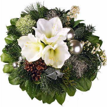 Blumenstrauß Weiße Amaryllis, weiße Euphorbienranken, weißes Trachelium, silberne Dekokugeln, silberne Schleife, Engelshaar, Zapfen, verschiedenes Beiwerk.
