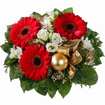 Blumenstrauß 3 rote Germini, weißer Lisianthus, weiße Freesien, Waxflower, golde Weihnachtskugel, goldene Schleife, verschiedenes Beiwerk.