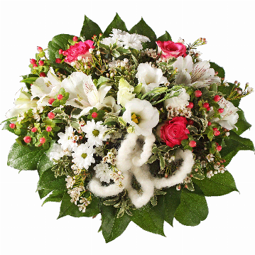 Blumenstrauß ″Winterlich″ bestehend aus 3 rot-weiße Rosen, 2 weiße Alstromerien, weißer Lisianthus, weiße Chrysanthemen, Hyperikum, Waxflower, Schleife, verschiedenes Beiwerk.