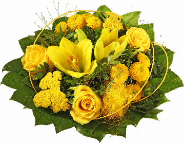 Blumenstrauß 1 gelbe Lilie, 3 gelbe Rosen, gelbe Achilea (Schafgarbe), gelber Sisal, Panikumgraß, verschiedenes Beiwerk.