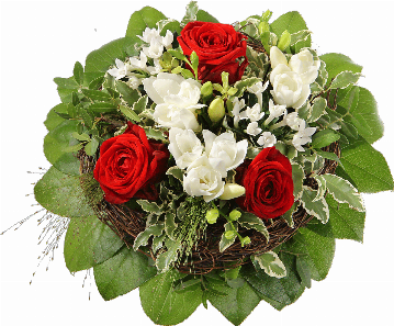 Blumenstrauß 3 rote Rosen, 2 weiße Bouvardien, 3 weiße Freesien, Panikumgraß, Rebenmanschette, verschiedenes Beiwerk.