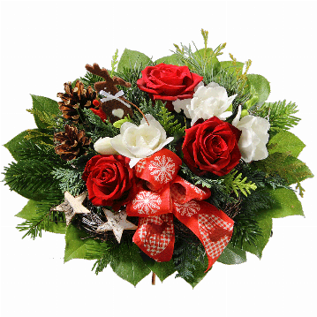 Blumenstrauß 3 rote Rosen, 2 weiße Freesien, Kiefernzapfen, Schleife mit nordischem Muster, Deko-Elch, Birkensterne, Tanne, Kiefer, verschiedenes Beiwerk.