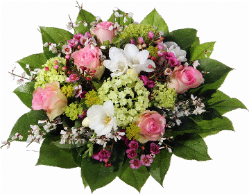 Blumenstrauß 5 rosa Rosen, 3 weiße Freesien, weißer Ginster, Waxflower, Schneeball (Viburnum), verschiedenes Beiwerk.