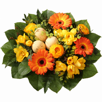 Blumenstrauß 3 orange Minigerbera, 3 gelbe Freesien, gelbe Ranunkel, Deko-Ostereier, Moorbirke, verschiedenes Beiwerk.