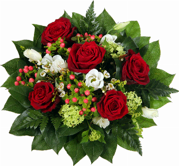Blumenstrauß 5 rote Rosen, weißer Lisianthus, Hyperikum, Viburnum( Schneeball), Waxflower, verscheidenes Beiwerk.