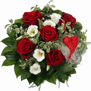Blumenstrauß 5 rote Rosen, weißer Lisianthus, rotes Sisal-Herz, verschiedenes Beiwerk.