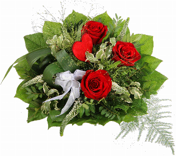 Blumenstrauß 3 rote Rosen, 5 weiße Veronika, rotes Dekoherz, weiße Schleife, verschiedenes Beiwerk.