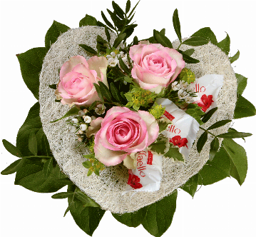 Blumenstrauß 3 rosa Rosen im Sisalherz, Waxflower, 3 Raffaello, verschiedenes Beiwerk.