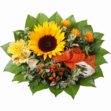 Blumenstrauß 1 Sonnenblume, gelbe Alstromerien, oranger Chartamus, Hyperikum, Naturbast, Juteschleife, verschiedenes Beiwerk.