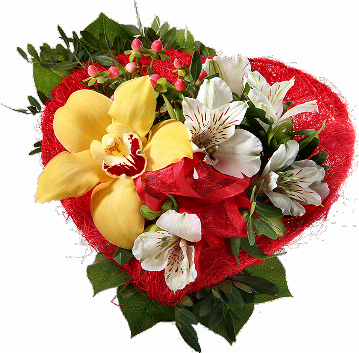 Blumenstrauß Gelbe Orchideenblüte in rotem Sisalherz, dazu weiße Alstromerienblüten, Hyperikum, rote Schleife, verschiedenes Beiwerk.