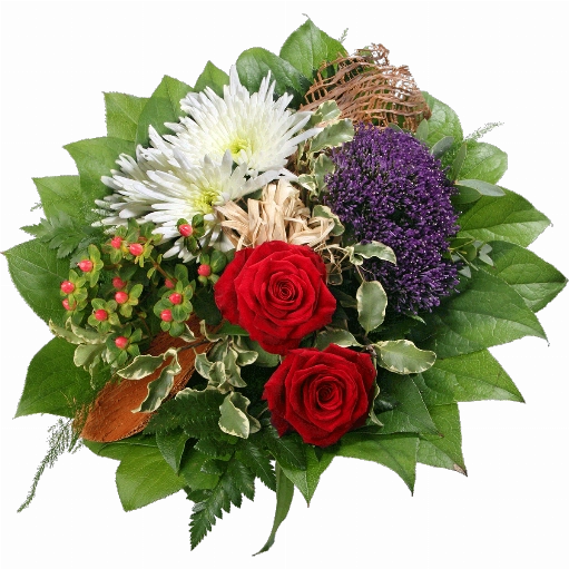 Blumenstrauß ″Bonne jouree″ bestehend aus Der Strauß besteht aus 2 rote Rosen, weiße Chrysantheme, Hyperikum, Kokosrinde, Bastschleife, 
Pittosporum, Pistazie, Lederfarn, Salal.