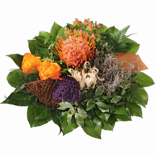 Blumenstrauß Gebunden wird der Strauß aus 1 Nadelprotea, 2 orange Rosen, Trachelium, Hyperikum, Pistazie, Pittosporum, Lederfarn, Salal, Kokosrinde, Bastschleife .