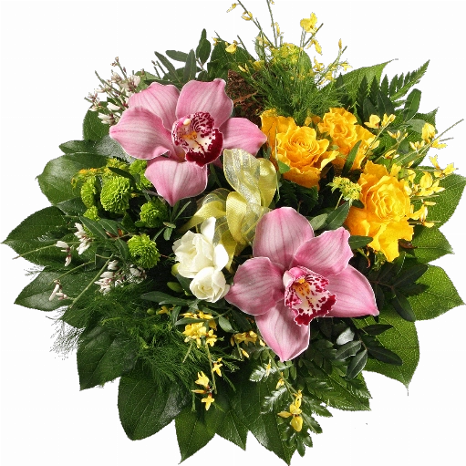 Blumenstrauß ″Der Smarte″ bestehend aus In diesem Blumenstrauß werden 2 Orchideenblüten, 3 gelbe Rosen, weiße Freesien, Chrysanthemen, Ginster, Plumosus, Pistazie und Salal verarbeitet.