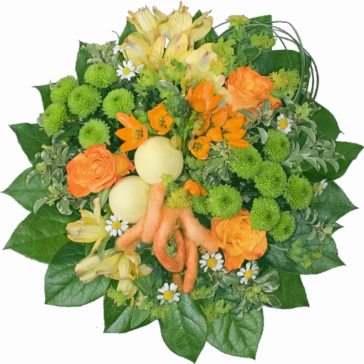 Blumenstrauß ″Osterspaziergang″ bestehend aus 3 orange Rosen, grüne Chrysanthemen, 2 gelbe Alstromerien, oranges Ornithogalum, Deko-Ostereier, verschiedenes Beiwerk.
