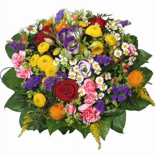 Blumenstrauß ″Endlich Sommer″ bestehend aus 3 rote Rosen, blauer Lisianthus, Spraynelken, gelbe Chrysanthemen, orange Disteln, Statice, Kamillenblüten, Solidago, viel Beiwerk.