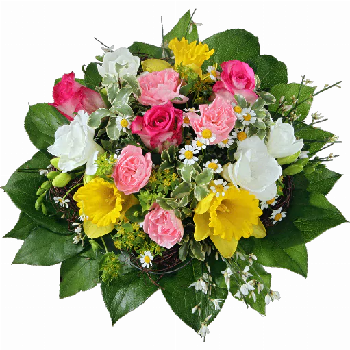 Blumenstrauß ″Ein Hauch von Frühling″ bestehend aus 3 Rosen, rosa Spraynelken, 3 Narzissen, 3 weiße Freesien, weißer Ginster, verschiedenes Beiwerk.