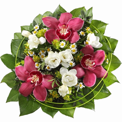 Blumenstrauß ″Eleganz″ bestehend aus 3 Orchideenblüten, 4 weiße Freesien, Kamillenblüten, verschiedenes Beiwerk.