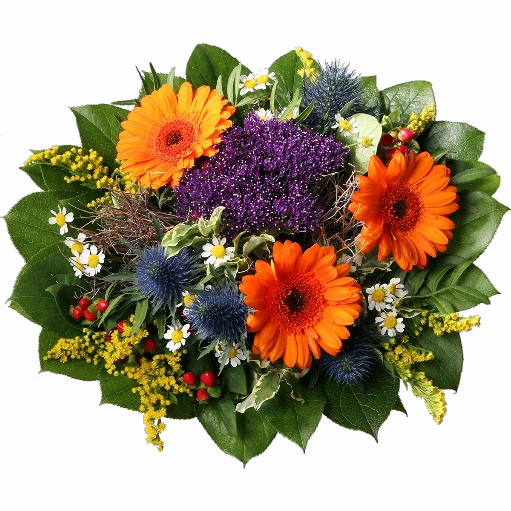 Blumenstrauß ″Sommergruß″ bestehend aus 3 orange Minigerbera, dunkelblaues Trachelium, Kamillenblüten, gelber Solidago, blaue Zierdisteln, verschiedenes Beiwerk.