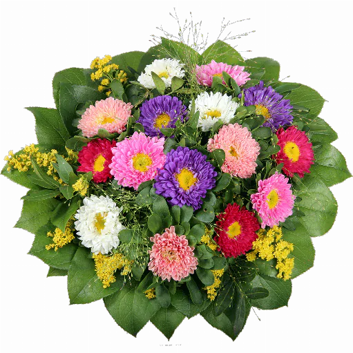 Blumenstrauß ″Spätsommertraum″ bestehend aus 15 verschiedenfarbige Astern,
Gelber Solidago, Panikumgras, verschiedenes Beiwerk.