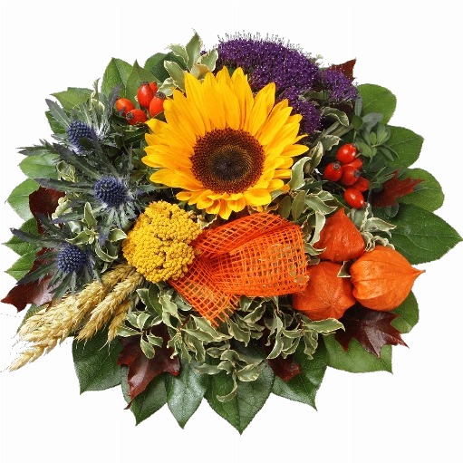 Blumenstrauß ″Sonnenstrahlen″ bestehend aus 1 Sonnenblume, 3 Pysalis, Hagebutten, Trachelium, blaue Zierdisteln, Eichenlaub, Getreide, getrocknete Schafgarbe, verschiedenes Beiwerk.