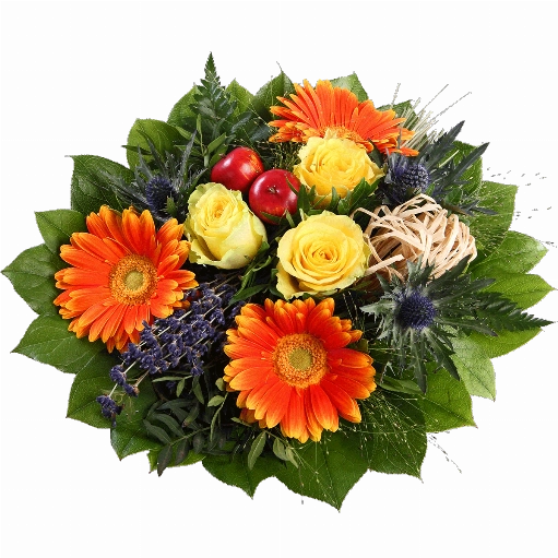 Blumenstrauß 3 orange Minigerbera, 3 gelbe Rosen, blaue Zierdisteln, Deko-Äpfel, getrockneter Lavendel, Bastschleife, verschiedenes Beiwerk.