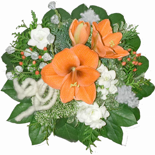 Blumenstrauß ″Winterabend″ bestehend aus 1 Amaryllis, weiße Freesien, Trachelium, Eukalyptusfrüchte, Filzschleife, verschiedenes Beiwerk.