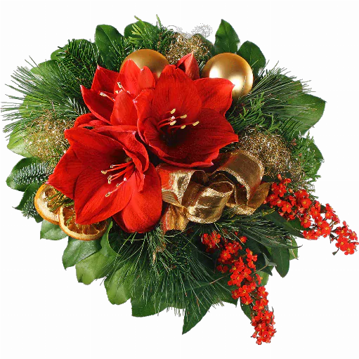 Blumenstrauß ″Frohes Fest″ bestehend aus Rote Amaryllis, rote Euphorbienranken, Orangenscheiben, goldene Dekokugeln, goldenen Schleife, Engelshaar, verschiedenes Beiwerk.
