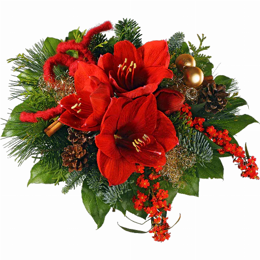 Blumenstrauß ″Merry Christmas″ bestehend aus Rote Amaryllis, Euphorbienranken, Zapfen, goldene Dekokugeln, Zimtstangen, Filzschleife, Engelshaar, verschiedenes Beiwerk.
