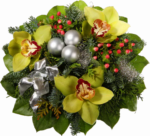 Blumenstrauß ″Weihnachtlicher Glanz″ bestehend aus 3 Orchideenblüten, Hyperikum, silberene Deko-Kugeln, silberene Schleife, Tannengrün, verschiedenes Beiwerk.