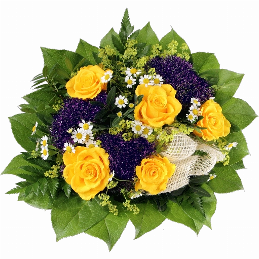 Blumenstrauß 5 gelbe Rosen, 3 dunkelblaue Trachelium, Kamillenblüten, Juteschleife, verschiedenes Beiwerk.
