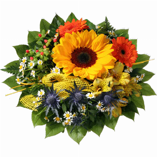 Blumenstrauß 1 Sonnenblume, 2 orange Minigerbera, Kamillenblüten, Hyperikum, gelbe Alstromerien, blaue Disteln, Juteschleife, verschiedenes Beiwerk.