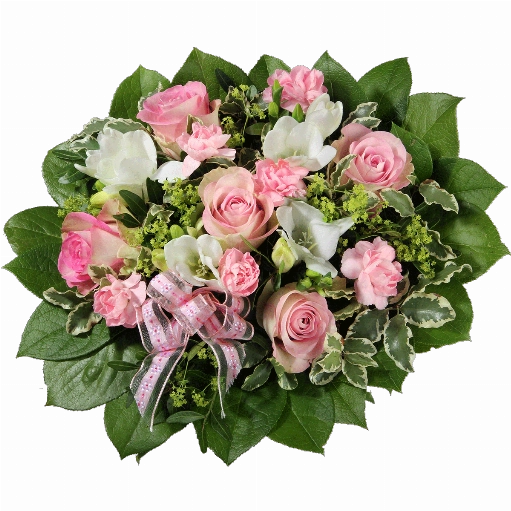 Blumenstrauß ″Ein zarter Gruß″ bestehend aus 5 rot-weiße Rosen, 4 weiße Freesien, 2 rosa Spraynelken, rosa Schleife, verschiedenes Beiwerk.