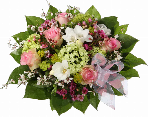 Blumenstrauß ″Hurra ein Mädchen″ bestehend aus 5 rosa Rosen, 3 weiße Freesien, weißer Ginster, Waxflower, Schneeball (Viburnum), Dekoschleife 