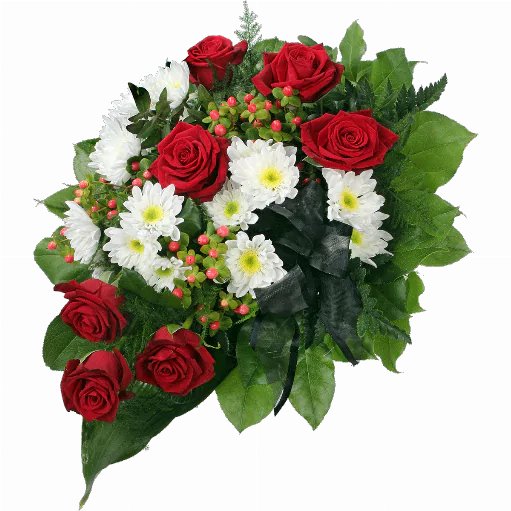 Blumenstrauß ″In Liebe″ bestehend aus <strong><u>Trauerstrauß:</u></strong> 7 Rote Rosen, 3 weiße Chrysanthemen, Hyperikum, verschiedenes Beiwerk, schwarze Trauerschleife.